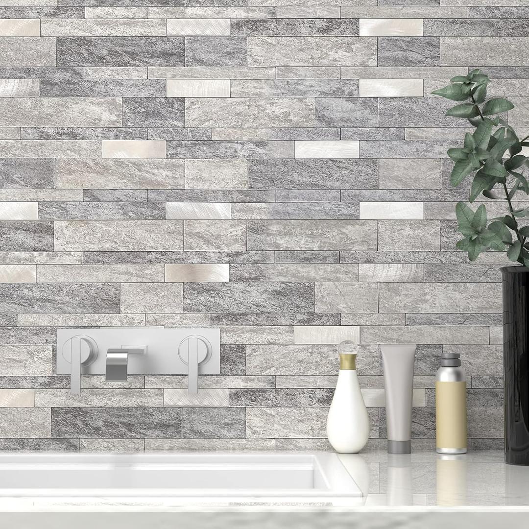 VAOVI Backsplash Tile Peel and Stick Kitchen Stone Subway Linear Mosaic Bathroom Shower Wall Waterproof(10pcs,Gray) (10sheets/pack)