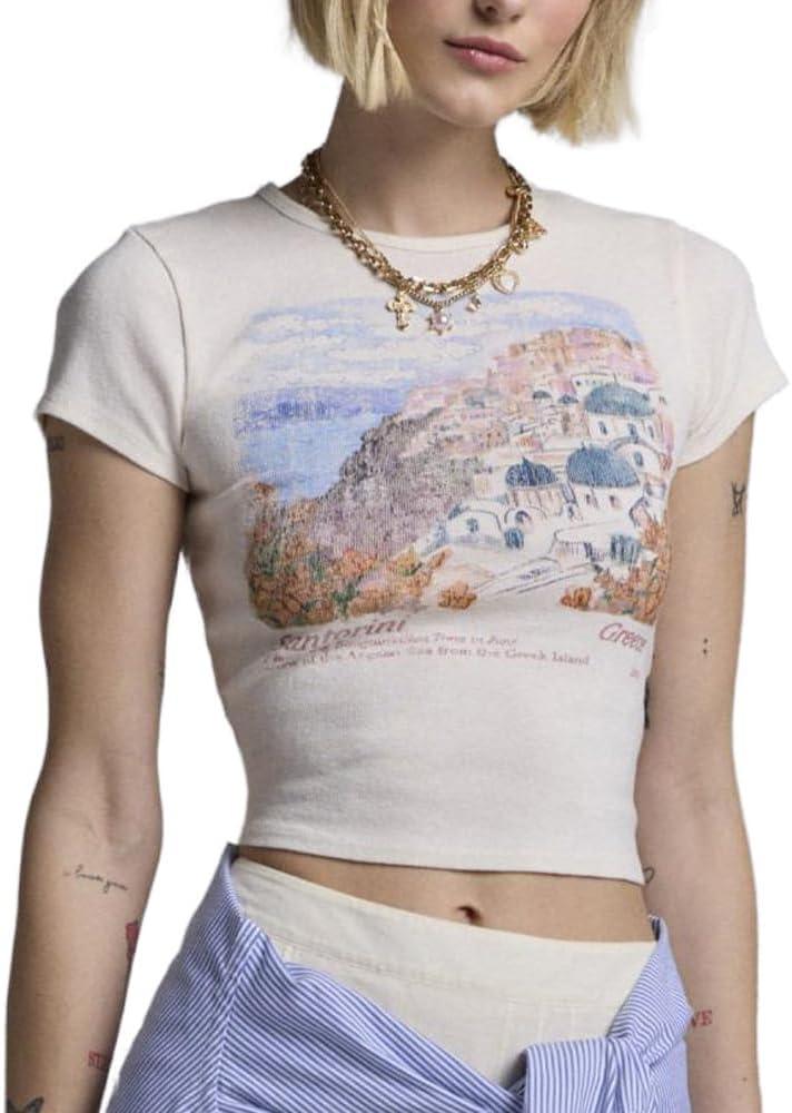 Y2k Baby Tee Short Sleeve Graphic Crop Top Women Teen Girl Floral Cute Crew Neck Slim Fit Vintage Cropped Shirts (Medium, White Blue Orange)