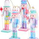 Amosfun 4pcs Wooden Nutcrackers Ornaments - 12cm Tall Soldier Nutcracker Figurines Pastel Nutcracker Tree Hanging Ornament