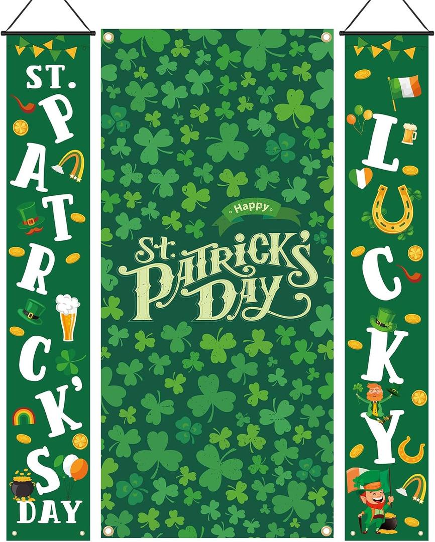 Gilprop 3 Pcs St. Patrick's Day Door Cover Porch Banner Decoration Green Shamrocks Door Decorations Shamrocks Clover Banner Porch Sign Hanging Cover for St. Patrick's Day Home Outdoor Party Decor