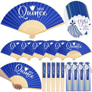 Threehoney 50 Sets Quinceanera Favors for Guests Bamboo Folding Paper Fans with Thank You Tags and Gift Bag Handheld Fans 15 Birthday Party Favors Decorations (Blue)