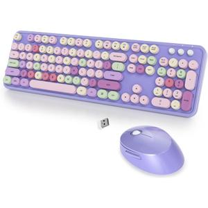 Wireless Keyboard and Mouse Set, Retro Typewriter 2.4GHz Full Size 104-Key Cute Colorful Keyboard with Number Pad Round Keycaps for Windows PC Laptop(Colorful Purple)