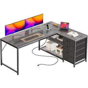 PRAISUN 53" L Shaped Desk with Power Outlets and USB-C Port, Reversible Computer Corner Office Desk with 4 Fabric Drawers and 2 Height-Adjustable Shelves, Large for Gaming Writing Work Study, Grey