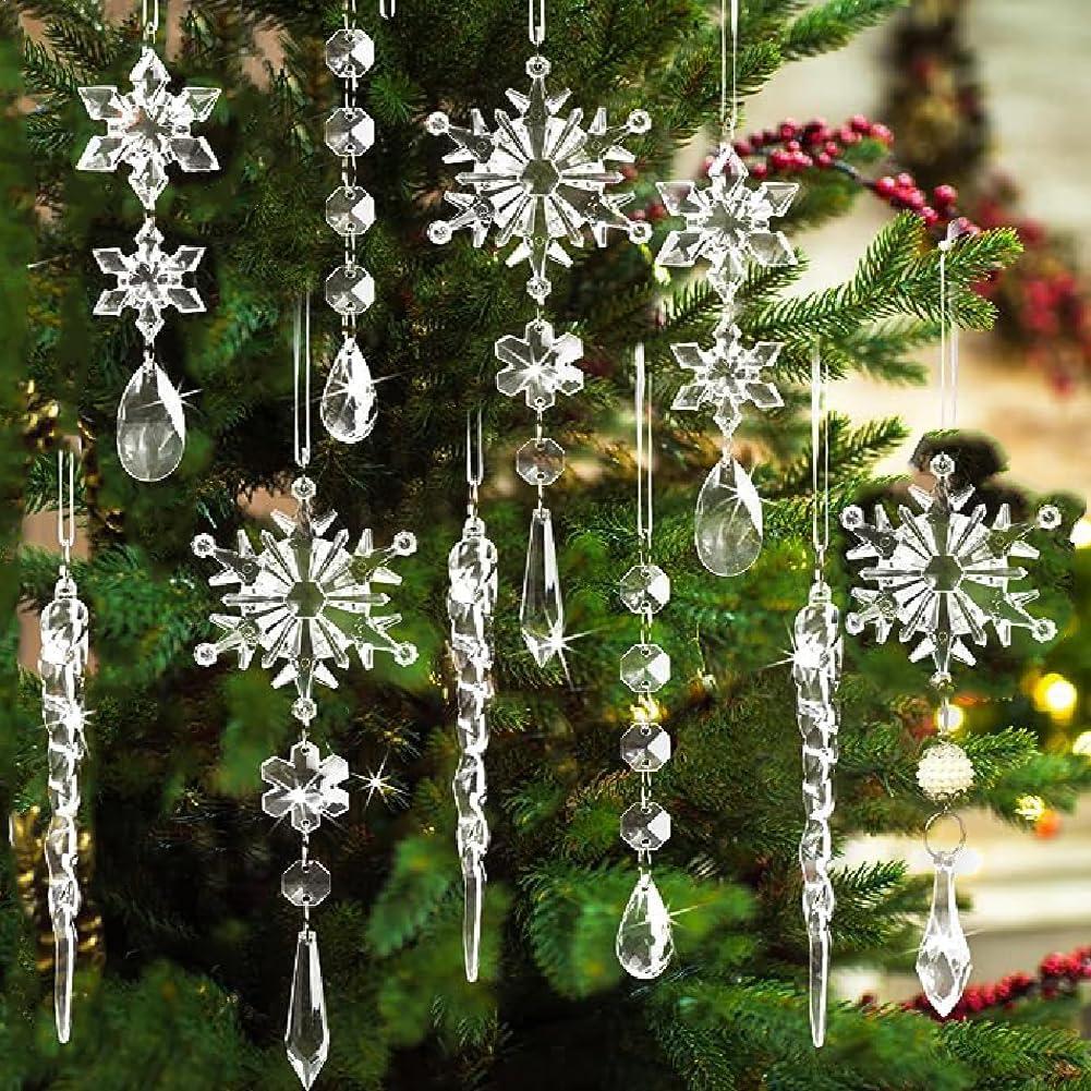 24 Pcs Shatterproof Crystal Christmas Ornaments for Christmas Tree Decorations Crystal Snowflake Ornaments 2023 Hanging Acrylic Crystal Christmas Decorations Icicle Drop (Clear)