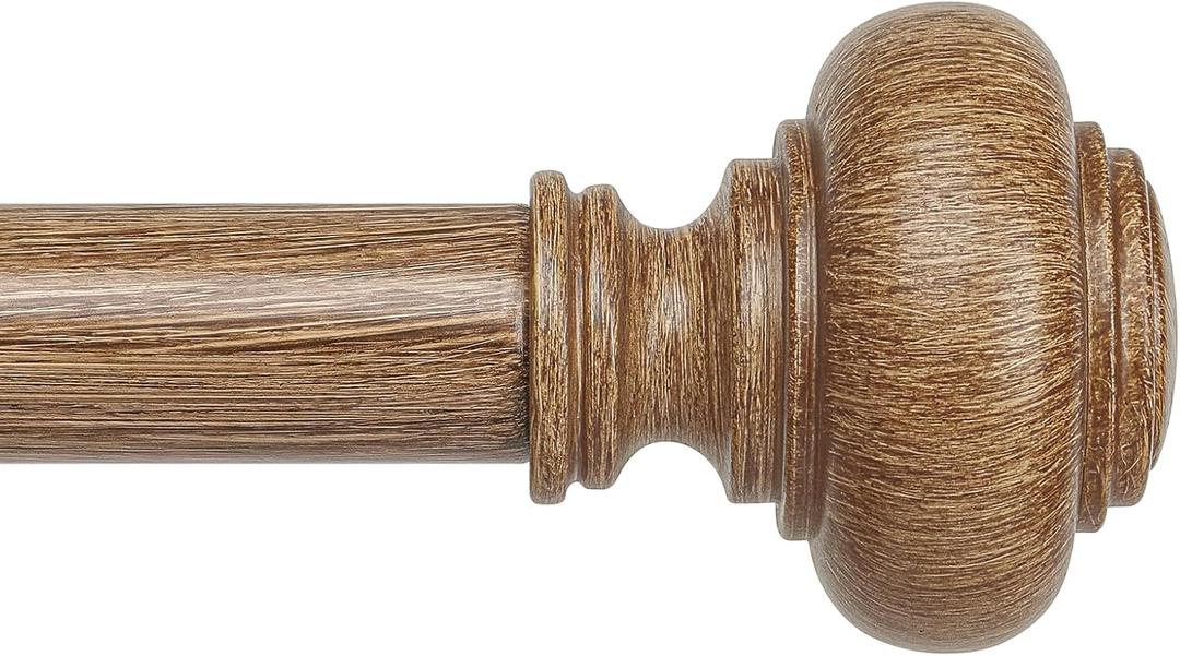 Wood Curtain Rods for Windows 30 to 56 Inch, Boho Vintage Decorative 1 Inch Diameter Wooden Curtain Rod, Adjustable Heavy Duty Rustic Farmhouse Drapery Pole with Imitation Wood Grain Finials