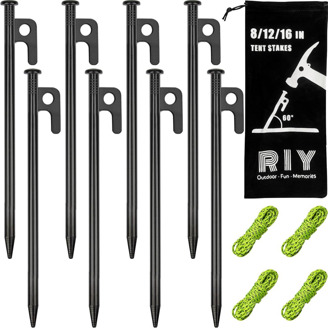 8 Pack Tent Stakes Heavy Duty Metal Tent Pegs for Camping Steel Tent Stakes 8 inch Unbreakable and Inflexible-0.36 Dia (8 IN-0.36 DIA)