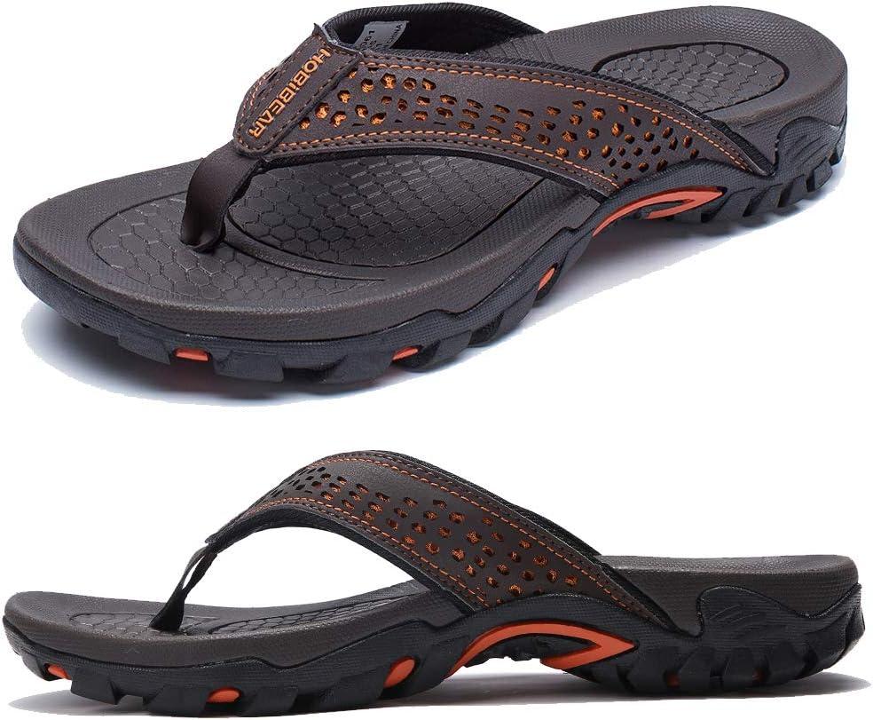 KIIU Mens Thong Sandals Indoor and Outdoor Beach Flip Flop (11, Brown/Orange)