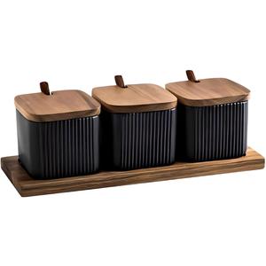 3 Pack Ceramic Condiment Jar Spice Box, Container Seasoning Jars Set with Lids and Spoon for Sugar Tea Coffee Spice Salt pepper for Home Kitchen Counter (Black)