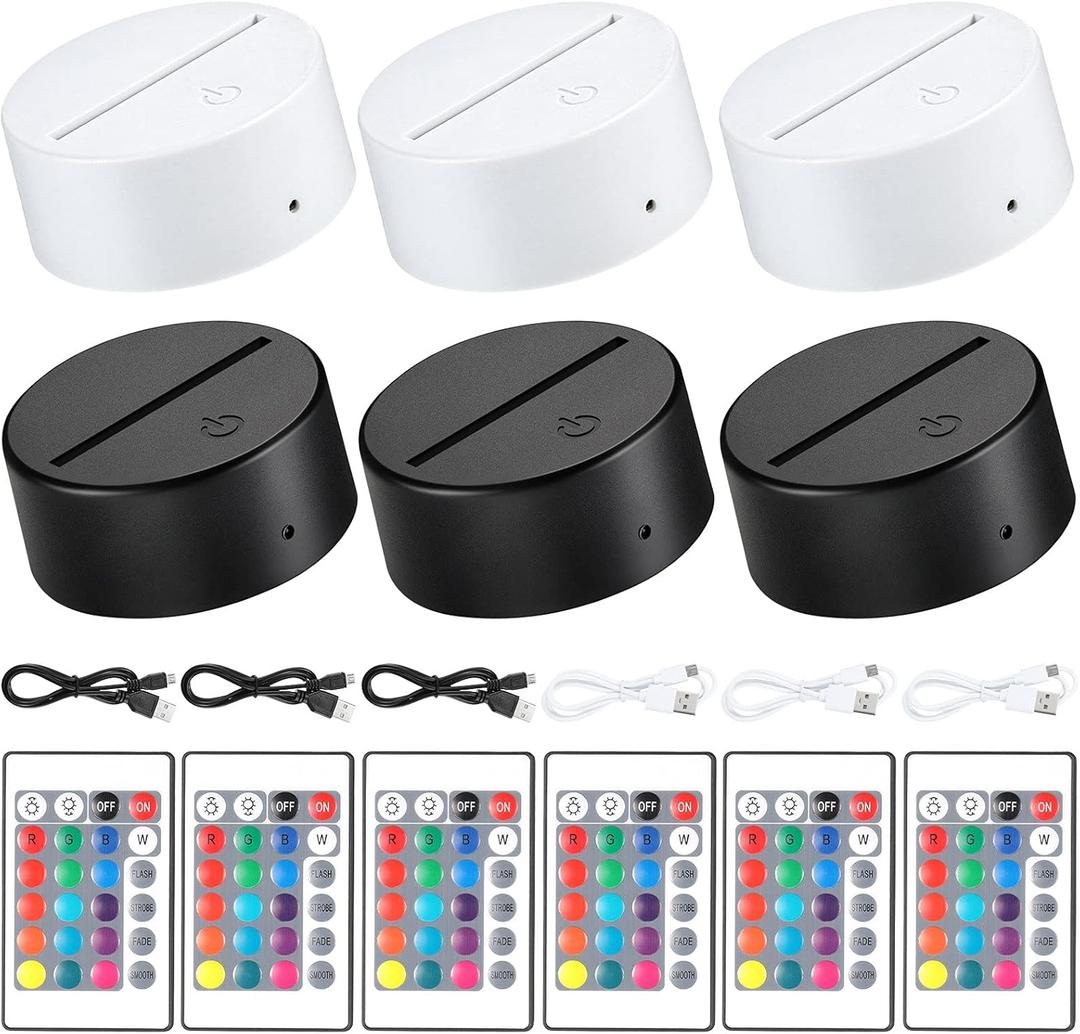 6 Pieces 3D Night LED Light Lamp Base 16 Colors LED Display Base with Remote Control and USB Cable, Christmas Light Lamp Display Acrylic for Restaurant Shop(Small,White, Black)