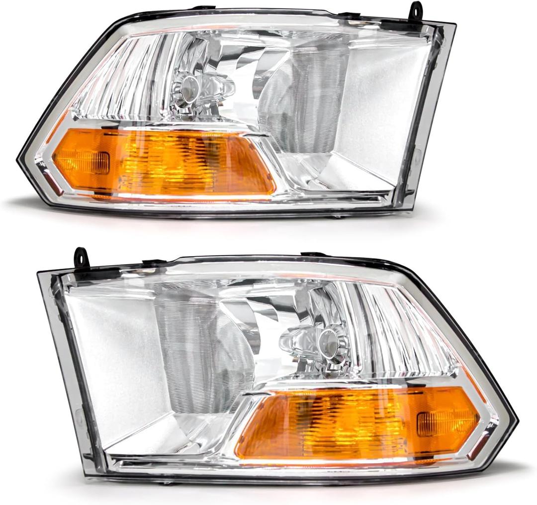 Headlight Assembly for 2009-2012 Dodge Ram 1500 2500 3500 Pickup Single Beam Chrome Housing Amber Reflector Left Right Not Fit Quad Models W/O Bulbs