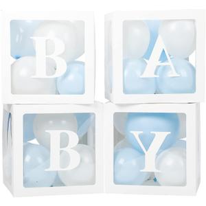 Baby Boxes with Letters for Baby Shower, 4 Transparent Balloon Boxes with Letters for Gender Reveal Birthday Wedding Baby Shower Decorations(Blue and White Balloons)
