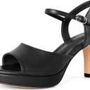Zamikoo Womens Platform Heels Chunky High Heeled Sandals Open Round Toe Slingback Heels Ankle Strap Wedding Fashion Shoes 3.5 Inch (7, Black)