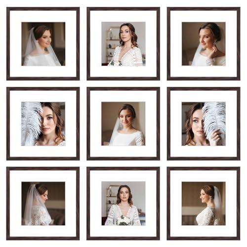 BSRHOME 12x12 Picture Frame Set of 9, Display Pictures 8x8 with Mat or 12x12 without Mat, Multi Collage Gallery Square Photo Frames for Wall or Tabletop, Brown