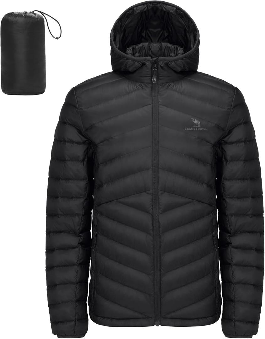 CAMEL CROWN Men's Packable Down Jacket Hooded Lightweight Puffer Insulated Coat for Travel Outdoor Hiking (Black), XXL