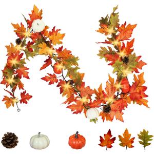 Fall Garland with Lights, Fall Decorations for Home, 6FT Lighted Maple Leaves with Pine Cone and Pumpkin, Thanksgiving Garland with Lights, Front Door Fireplace Decor (1 Pack)