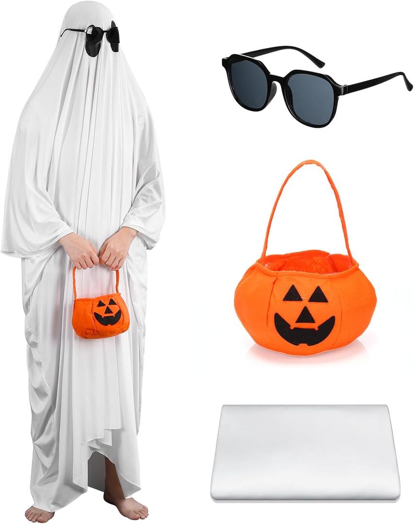 Mepase 3 Pcs Halloween Ghost Costumes Set for Adult White Sheets Boo Ghost Costume with Pumpkin Treat Bags Sunglasses for Halloween Costume Party Cosplay