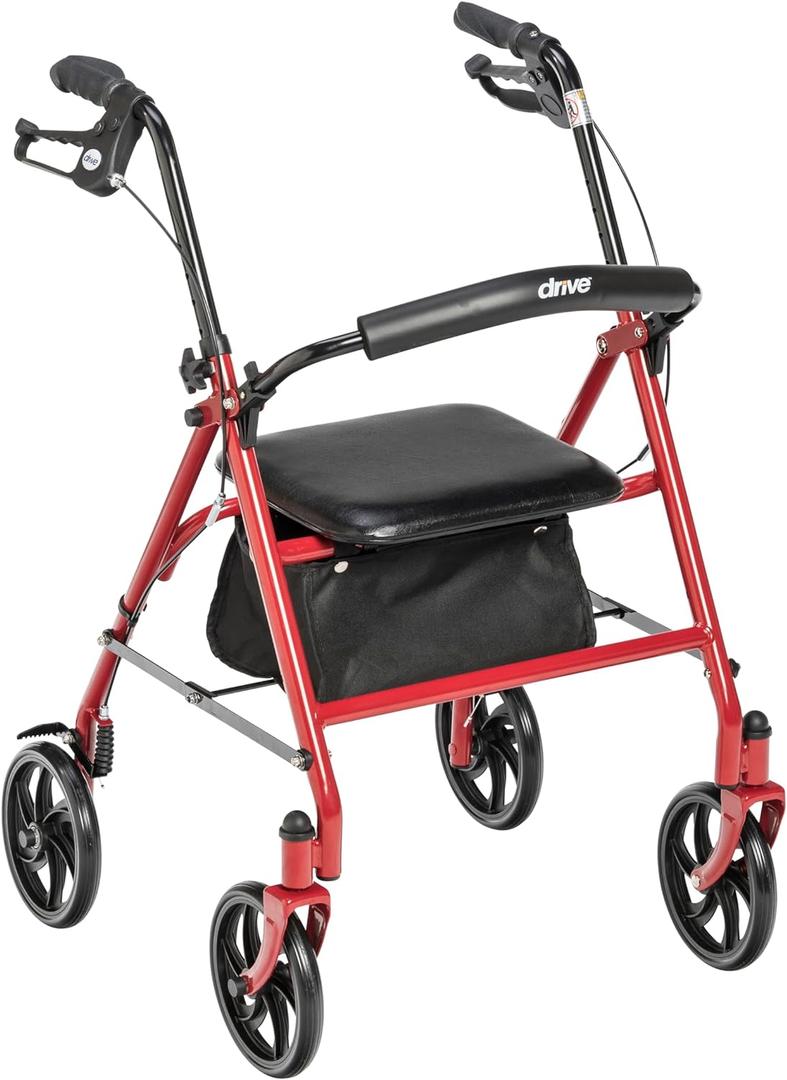 Drive Medical Rollator Walker with Seat - Stable Mobility Support - Height Adjustable - Durable Steel Frame Construction - Smooth 7.5" Wheels - Foldable Frame - 350 Lb Limit - Red