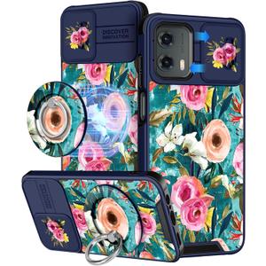 Buleens for Moto G 5G 2024 Case 6.6 Inch - with Ring Stand & Camera Cover Aesthetic Cute Designed for Women Girls Girly Pretty Kawaii Flower Phone Case for Motorola G 5G 2024 Compatible with Magsafe (Lake Blue Flowers)