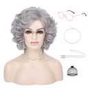 G&T Wig Old Lady Wig for Grandma Costume 100 Days of School Sliver Grey Curly Granny Wig For Old Women's Cosplay Party Halloween Use (5pcs Set)