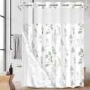 No Hook Watercolor Flowers Sage Green Shower Curtain with Snap in Fabric Liner Set, Floral Plant Double Layers Waterproof Fabric with See Through Top Window Bath Curtain 71x74 Inch