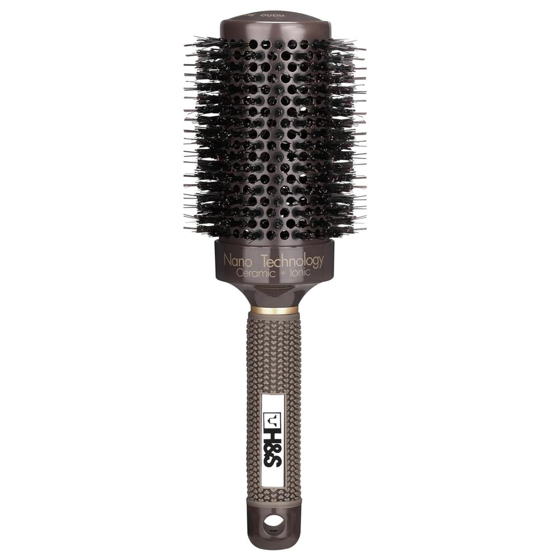 H&S Round Brush For Blow Drying - 2 Inch Thick - Large Ceramic Styling Boar Bristle Brush - Ionic & Nano Technology for Voluminous Hair (Brown)