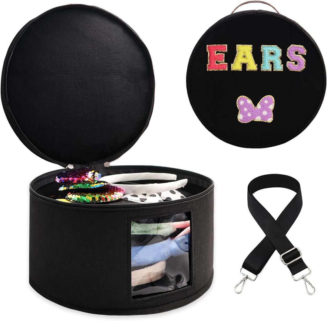 Chenille Letter Bow Mouse Ears Travel Case,Large Round Tiara Tote Storage Box,Headband Ears Display Storage Box with Shoulder Straps for Hairband,Tiara and Hair Accessories Storage Travel Picnic Park, Black Chenille Letters