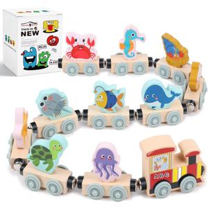 LovesTown Magnetic Wooden Sea Animal Train Set, Montessori Ocean Animal Toys for Kids, Educational Preschool Learning Activities, Toddler Birthday Gifts, 11 PCS