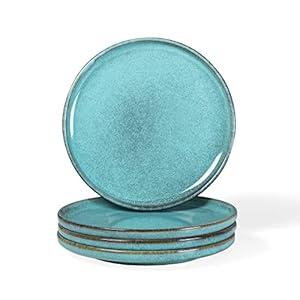 Ceramic Round Dessert Salad Plates Set of 4, 8 Inch Porcelain Fluted Dinner Plates for Snack, Pasta, Serving Dishes, Dinnerware Set, Scratch Resistant, Microwave, Oven and Dishwasher Safe (Turquoise)