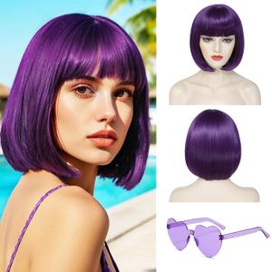 Pruple Bob Wig with Bangs Short Pruple Wigs for Women 12 Inch Shoulder Length Straight Colorful Synthetic Fiber Hair Wig for Halloween Costume Use (Wig and Sunglasses) (Dark Purple)