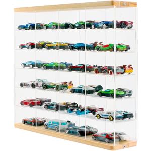 Premium Toy Cars Display Case with Sliding Door, Acrylic and Solid Wood Toy Cars Storage and Organizer  Holds Up to 48 Toy Cars, Easy Assembly Toy Cars Display for Collectors (Transparent)