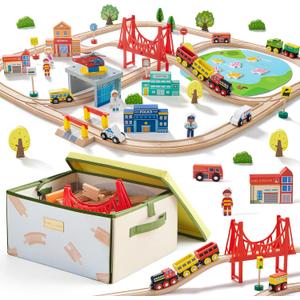Tiny Land 110pcs Wooden Train Set with Folding Storage Box, Wooden Train Track Toy for Boys & Girls, Age 3-7, Includes Convenient Storage