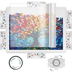 ALL4JIG 1500 Pieces Lightweight Rotating Plastic Puzzle Board with 6 Sliding Drawers and Protective Cover, 360 Lazy Susan Design, 34.25"x26.38" Portable Spinning Puzzle Table for Adults, Ideal Gift