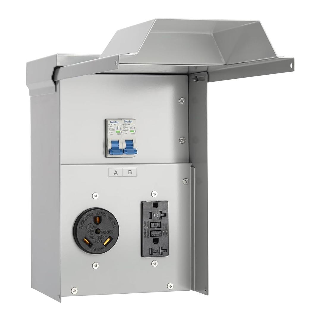 briidea Temporary Power Outlet Panel, RV Panel Outlet with a 20, 30 Amp Receptacle Installed, Prewired, Weatherproof
