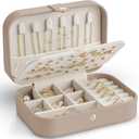 VLANDO Travel Jewelry Case for Women Girls Mothers, PU Leather Small Jewelry Box for Rings, Necklaces, Bracelets, Earring Holder Organizer Storage for Travel Accessories, Valentines Gift - Toffee