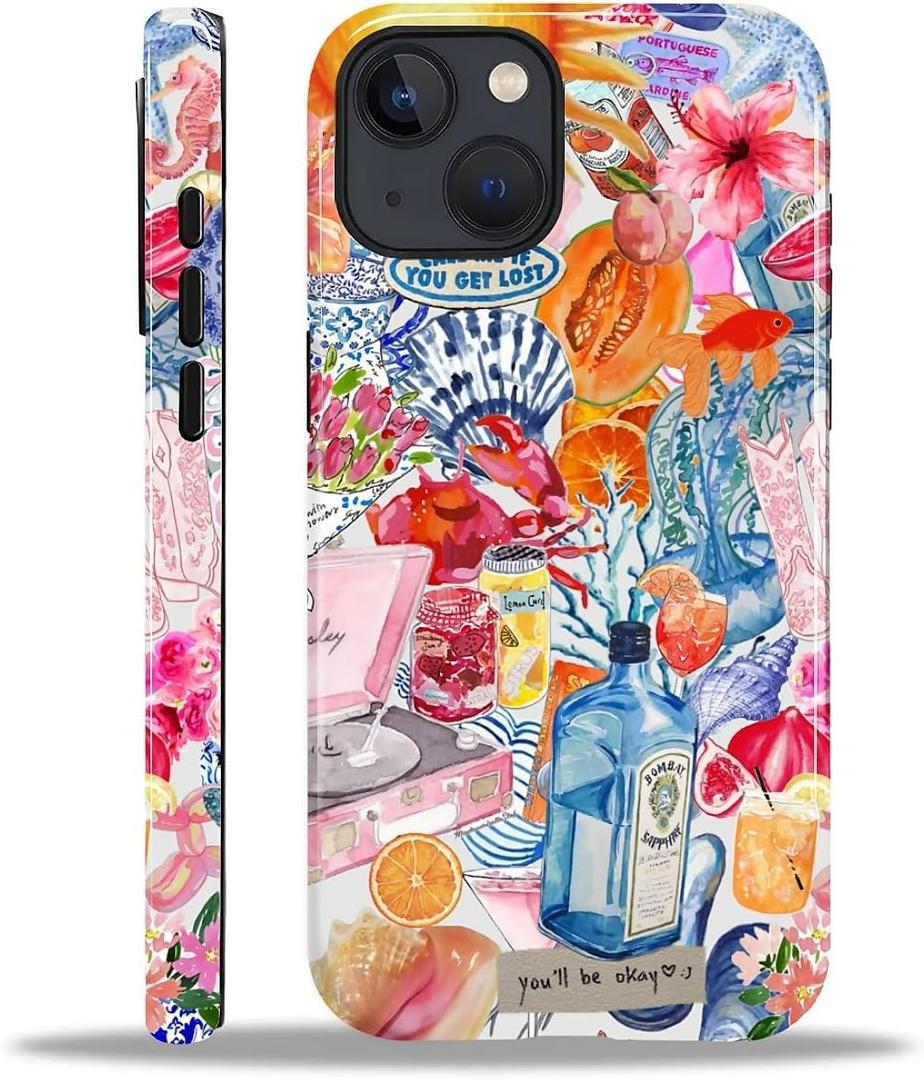 Compatible with iPhone 15 Plus Case - Hybrid Heavy Duty 2 in 1 Full Body Rugged Shockproof Protection Glossy Case for iPhone 15 Plus - Coastal and Fruity Summer Collage