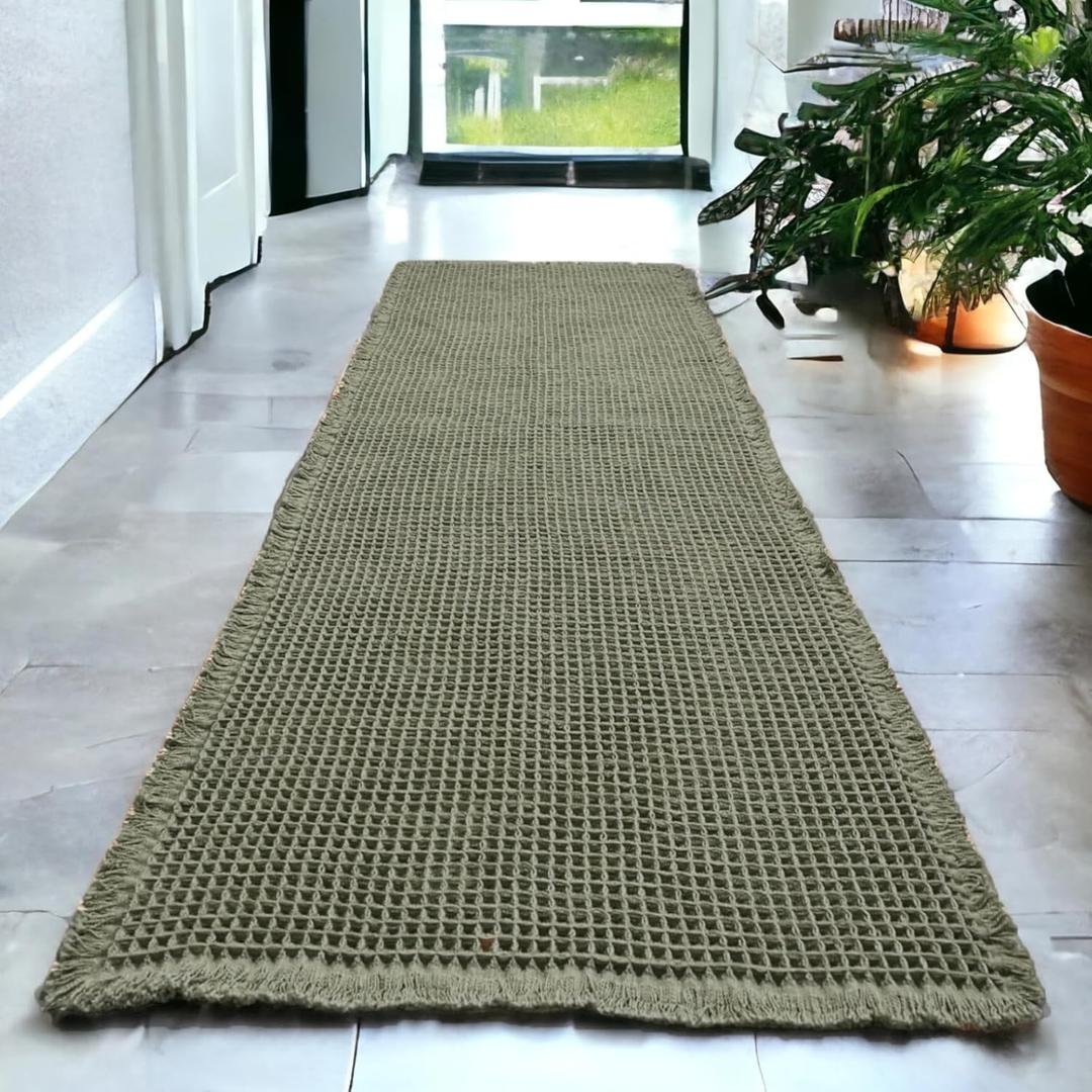 Upgraded Waffle Bath Mat  Ultra Soft, Super Absorbent & Non-Slip Rug with Tassels, Machine Washable, Rubber Backed for Bathroom, Hallway Runner, Kitchen and More (Dark Green, 2' X 6')