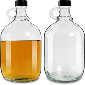 2 Pack 64oz Glass Gallon Jugs with Handle & Black Plastic Lids - Half-Gallon & Gallon Glass Fermenting Jugs for Kombucha, Home Brew, Vanilla Extract, Beer, Soda,Cider