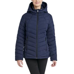HFX Women's Mid-Weight Puffer Jacket – Stretch Fabric Winter Coat, Faux Fur Hood Lining, Thumbhole Cuffs, Midnight Navy, Large