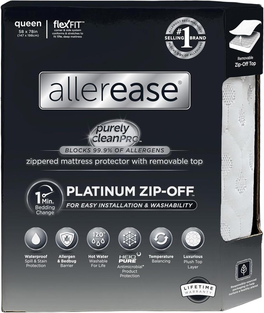 AllerEase Platinum Zip-Off Top Waterproof Mattress Protector Queen Size 360 Degree Zipper Allergen Barrier Temperature Balancing Luxurious Plush Top Separately Machine Washable Mattress Cover (White)