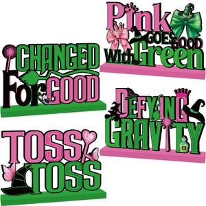 4pcs Pink and Green Witch Party Decorations Wood Table Centerpieces Witch Theme Birthday Table Decorations Pink and Green Party Tabletop for Boys Girls Birthday