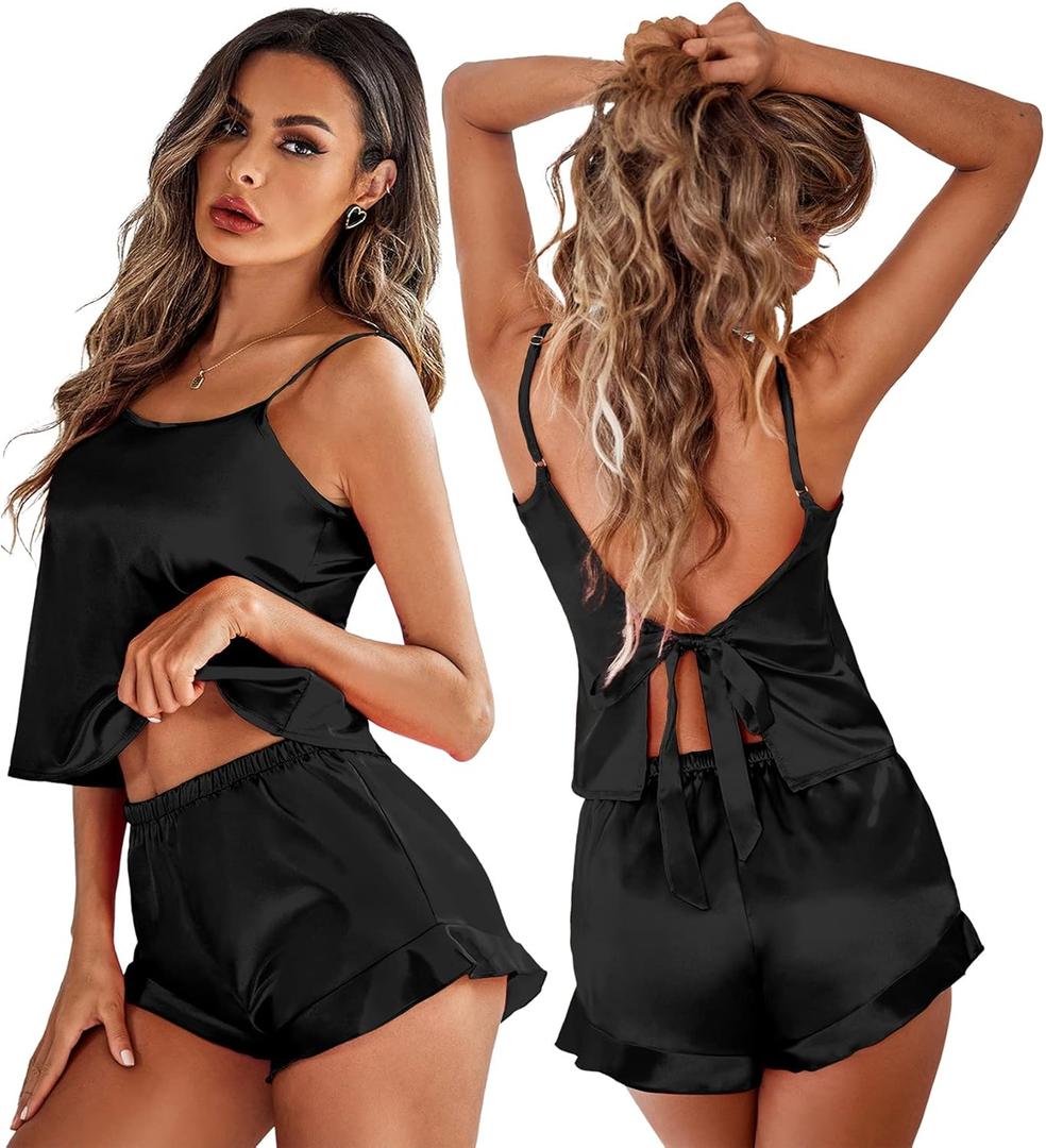 Ekouaer Womens Pajamas Set 2 Piece Satin Sleepwear Lingerie Soft Silk Pjs Cami Top and Shorts Sleep Camisole Nightwear (X-Large, Black)