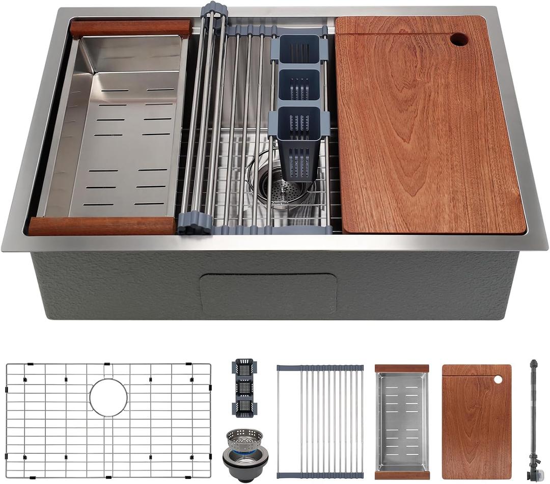 32in Undermount Workstations Kitchen Sinks - 11 Gauge Stainless Steel Sink 10inch Deep Workstation Sink with Cutting Board and Accessories