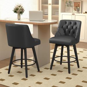 Swivel Counter Height Bar Stools Set of 2, 26 Inch Bar Stools with Footrest, Faux Leather Upholstered Barstools with Back and Solid Wood Legs for Kitchen Island, Dining Room, Pub,Black