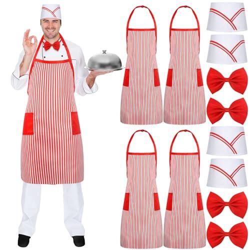 Ramede 12 Pcs Adult 1950s Waiter Costume Kit - Red & White Striped Apron, Chef Hat, Bow Tie - Unisex Adults - Chef Theme - Halloween, Carnival