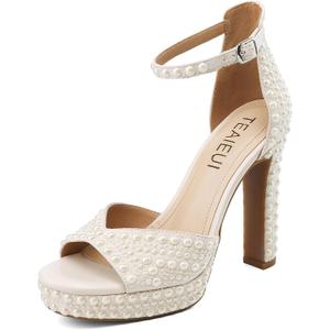 TEAIEUI Pearl Platform Heels for Women, Peep Open Toe Block Heeled Sandals