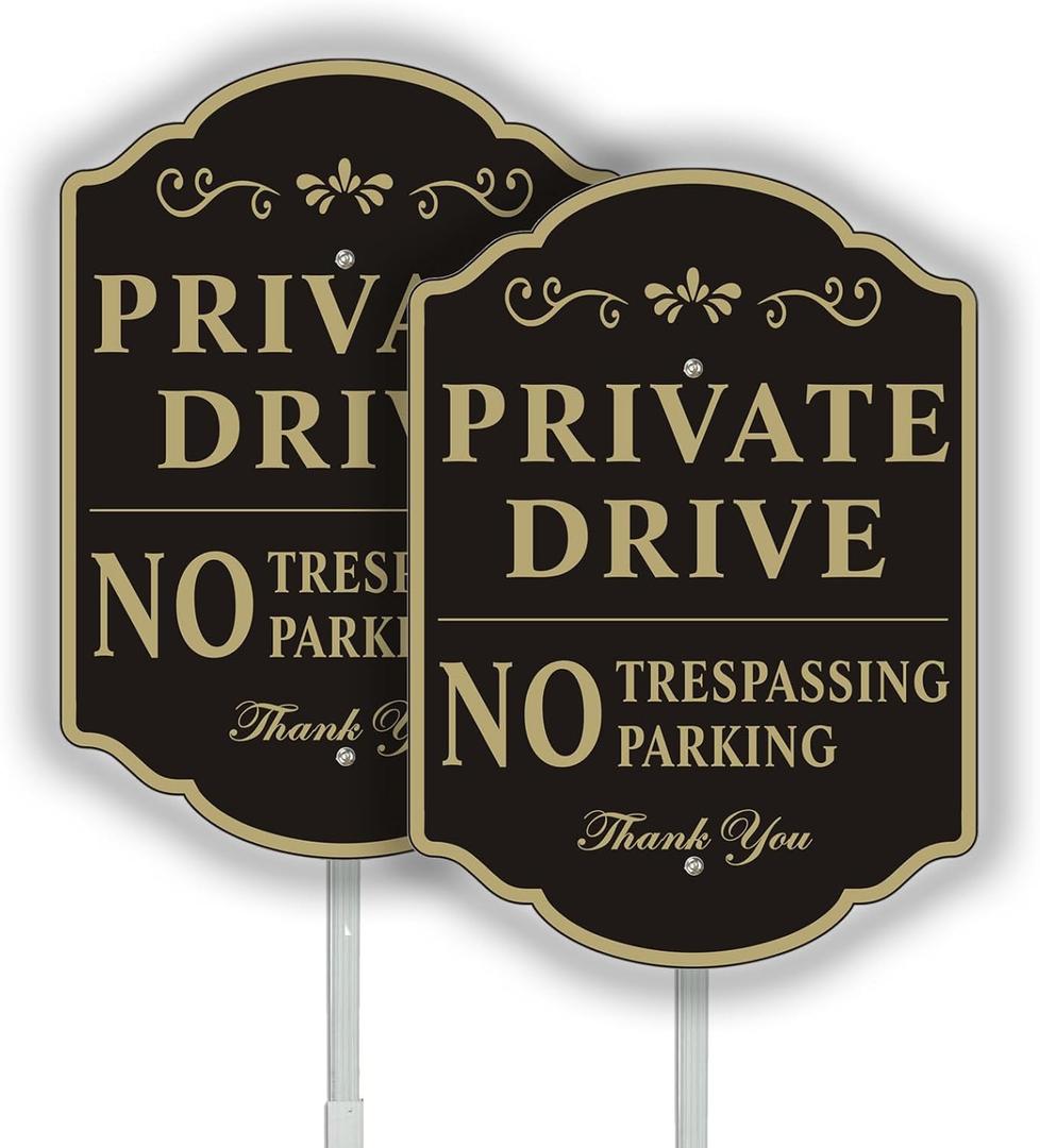 Yuntarda Private Drive Sign - 2 Pack 9.6"x13.6" No Parking, No Trespassing With 28" Long Alloy Stake - Aluminum Metal, Reflective and Weatherproof for Outdoor Use