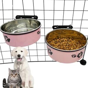 Dog Crate Food and Water Bowl 2Pcs Small Pet Hanging Kennel Removable Dish Feeding Cup with Holder for Medium Large Size Puppy Cat (Pink, 6.3''X2.5''&7.1X2.7'')