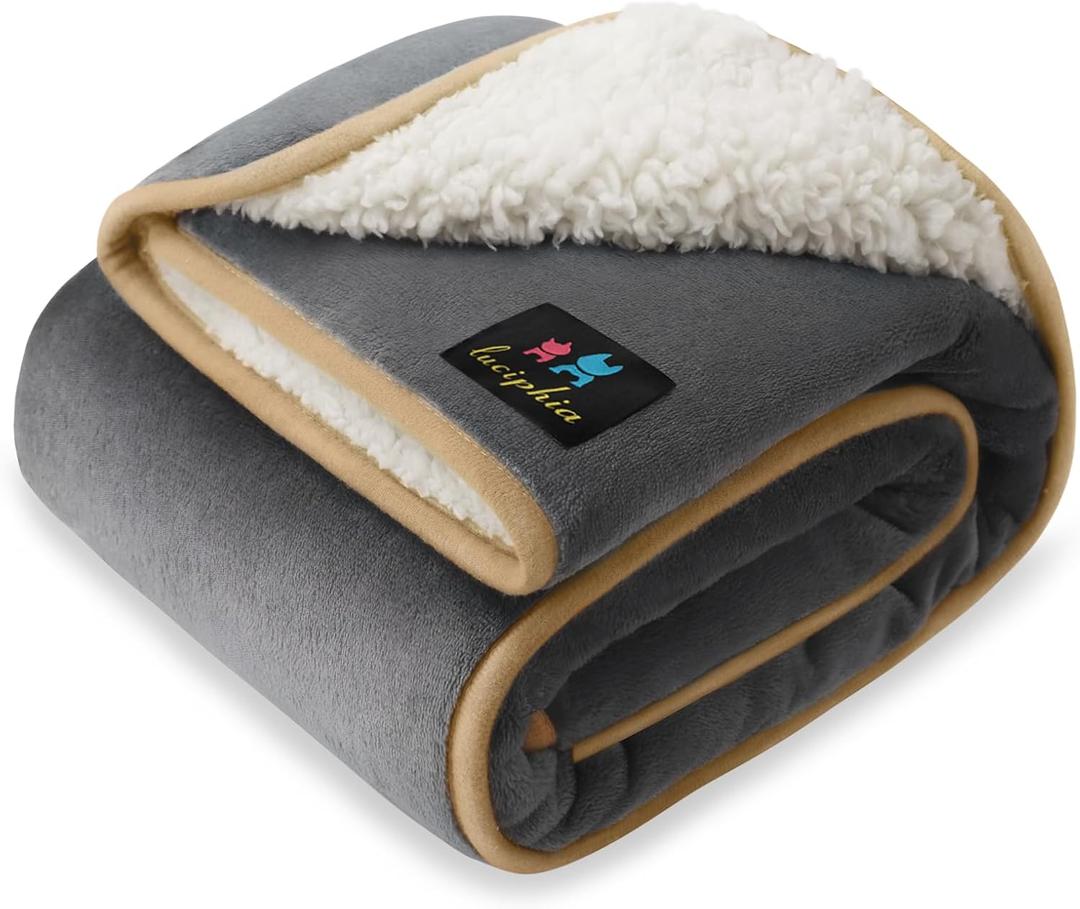 Luciphia Waterproof Pet Blanket, Liquid Pee Proof Dog Blanket for Sofa Bed Couch, Reversible Sherpa Fleece Furniture Protector Cover for Small Medium Large Dogs Cats, Grey+Beige Small40" x 28"