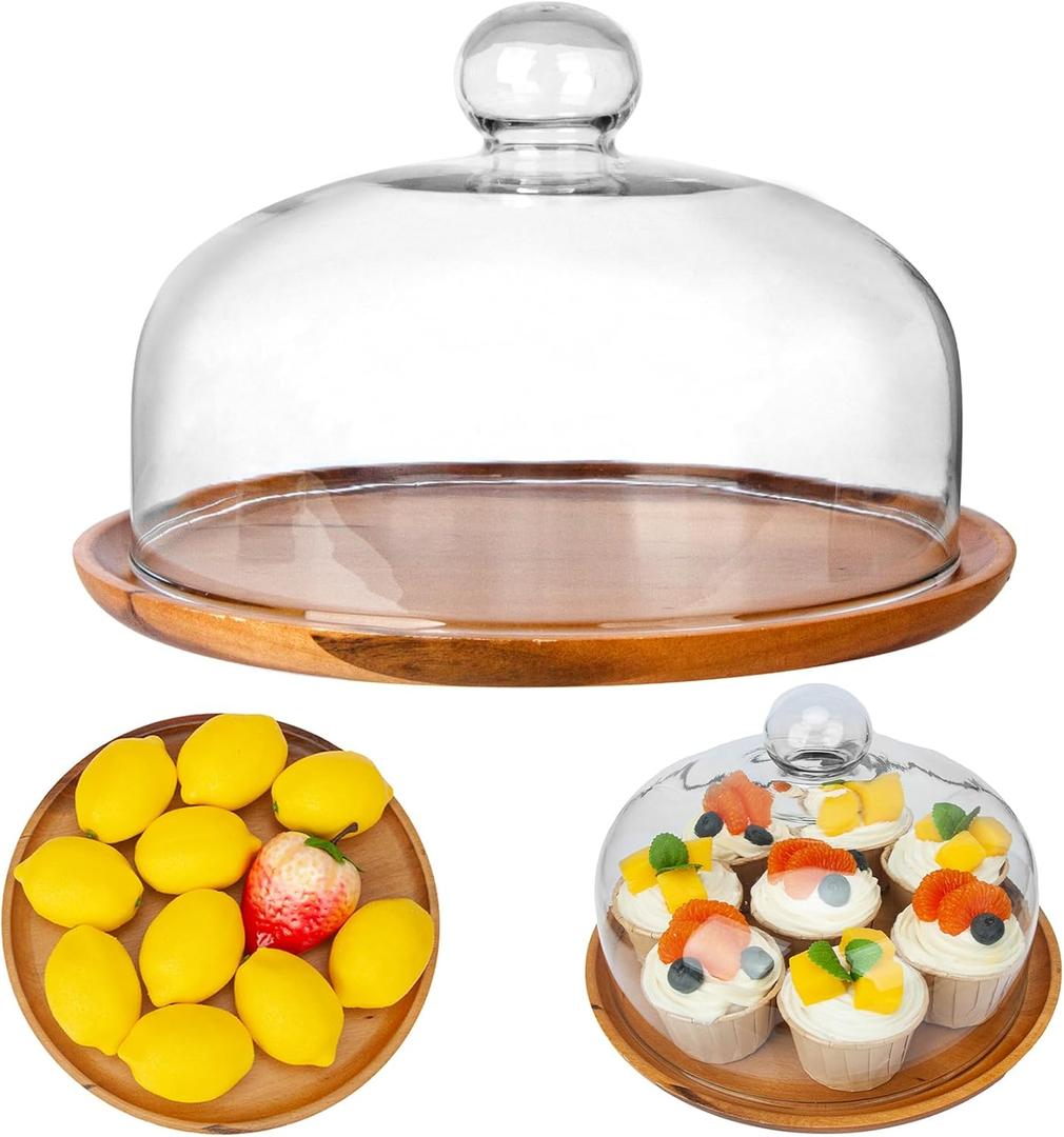 10 Inch Wooden Base Cake Display Stand with Glass Dome,Cloche Clear Glass Bell Jar Cover for Dessert Cheese Candy Plants Succulents