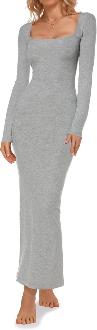Relety Women's Bodycon Maxi Dresses Ribbed Long Sleeve Lounge Long Dress Square Neck Formal Casual Dresses for Women (Heather Grey) M